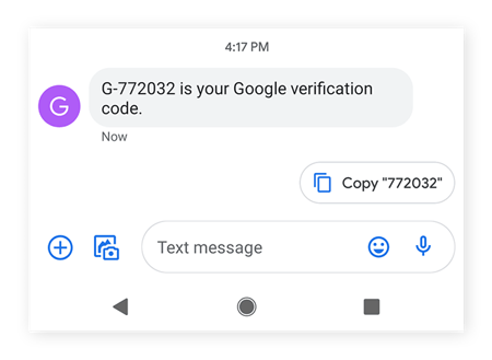 A Google verification code as sent to a phone
