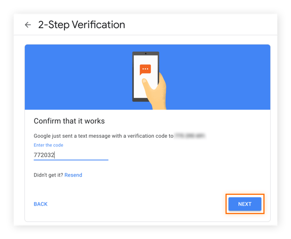Introducción de un código de verificación de Google en la pantalla de verificación en dos pasos de Google