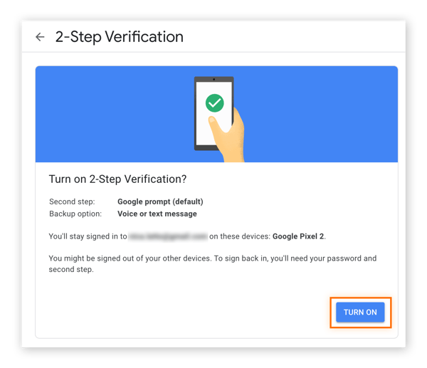 Resaltado del botón «Activar» en la pantalla de confirmación de la verificación en dos pasos de Google