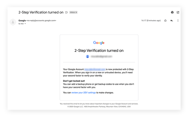 A confirmation email from Google that 2-Step Verification has been turned on