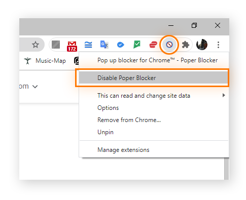 O usuário clicou em uma das extensões no Chrome (ícones no canto superior direito ao lado da barra de pesquisa). A opção "Desativar Poper Blocker” (uma extensão do bloqueador de pop-ups) está realçada.