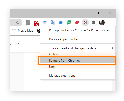 The user has clicked on one of the extensions in Chrome, in the upper-right next to the search bar. They have highlighted "Remove from Chrome..."