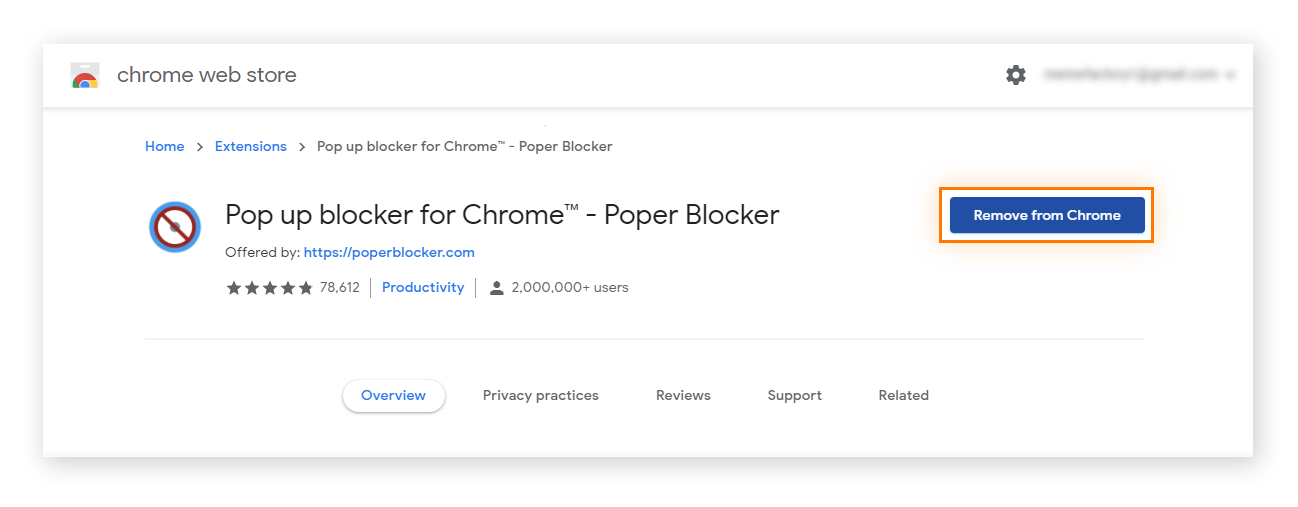O usuário acessou a página do produto de um bloqueador de pop-ups no Chrome. Há um botão grande que traz escrito "Remover do Chrome".