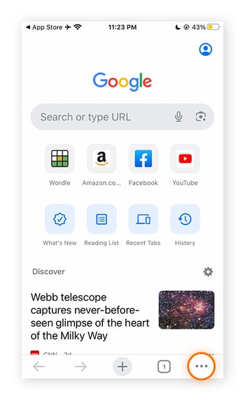  A view of Chrome in iPhone. The three dots in the lower right are circled.