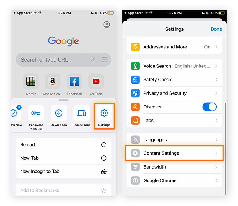 Opciones de configuración de Chrome en el iPhone con la opción Config. de contenido marcada.