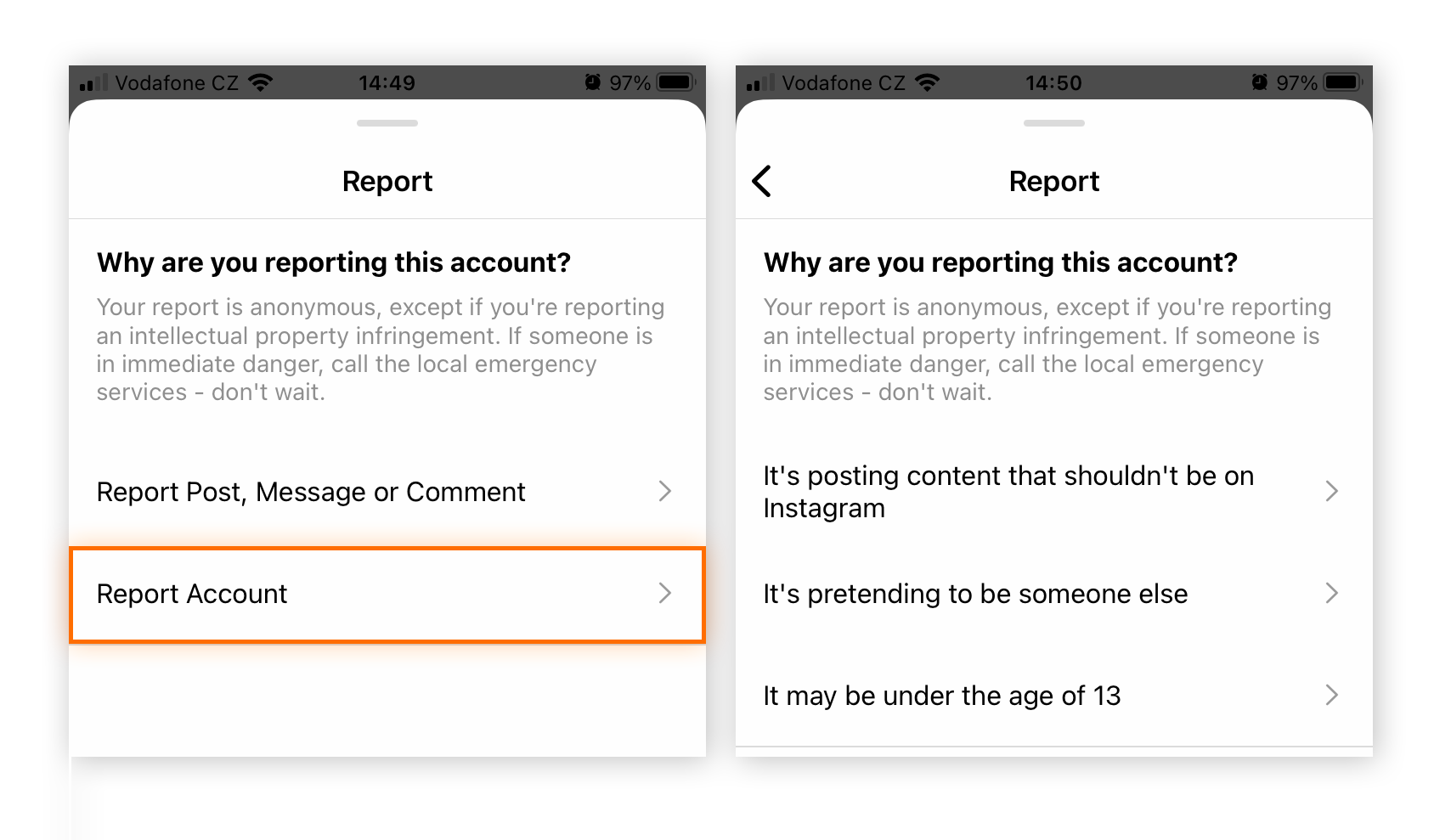 Para denunciar a la mayoría de los estafadores de Instagram, seleccione Denunciar cuenta > Se hace pasar por otra persona.