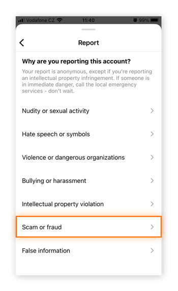 When reporting an Instagram scammer, select Scam or Fraud as the reason.