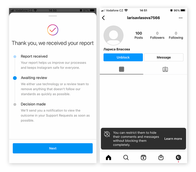 After reporting an Instagram scammer, report and block the account so they can't contact you again.