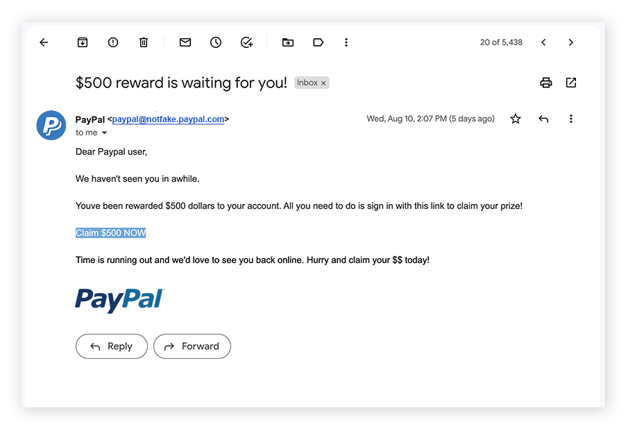 Grammar and punctuation mistakes, or offers that sound too good to be true are classic signs of PayPal scam emails.