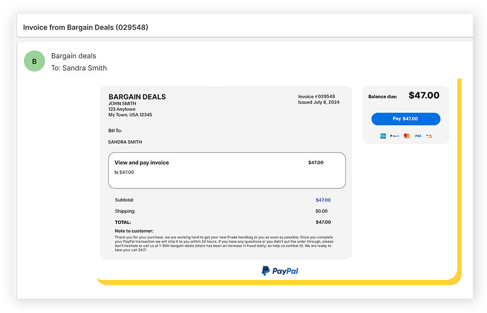 A PayPal invoice scam sent by email.