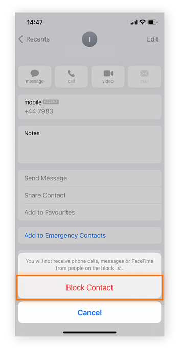  A button saying "Block Contact" is highlighted.