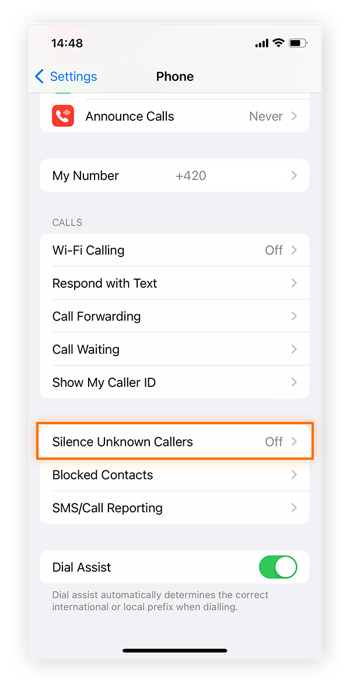 Silence Unknown Callers is highlighted.