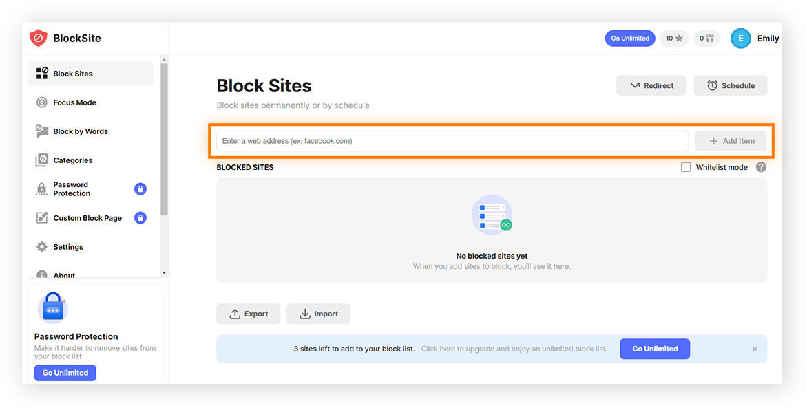 Introduzca la URL del sitio web que desea bloquear en la extensión BlockSite