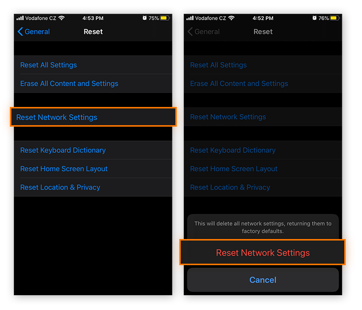 Resetting network settings in iOS 13.4.1