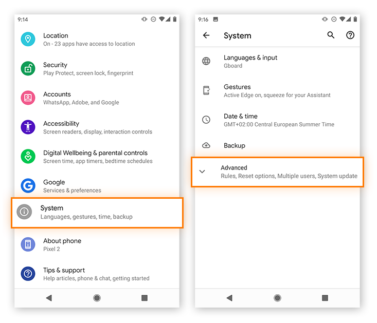 Opening advanced device settings in Android (Google Pixel 2).