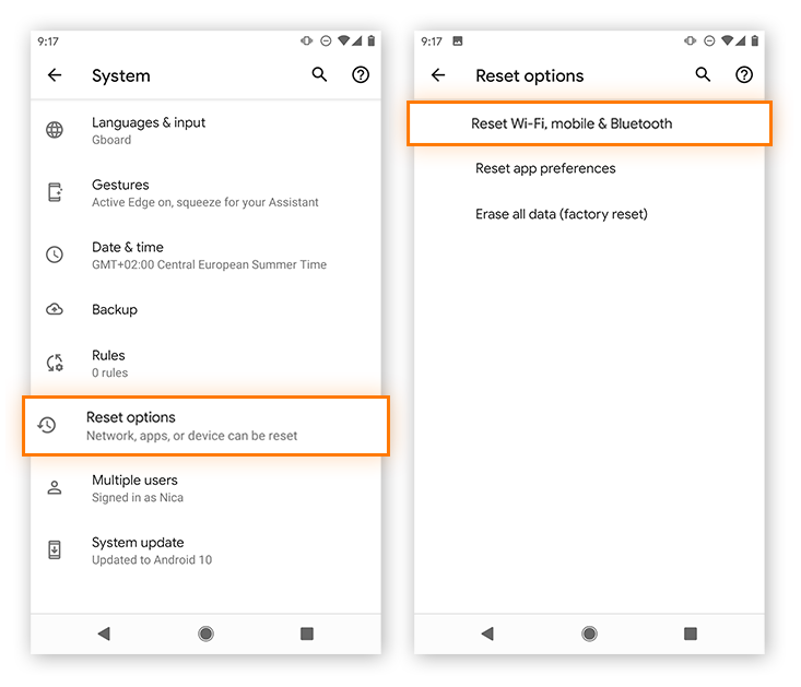 Redefinir Wi-Fi, dados móveis e Bluetooth no Android (Google Pixel 2).