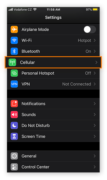 Accessing the Cellular Data settings with in the Settings app in iOS 13.5.1.