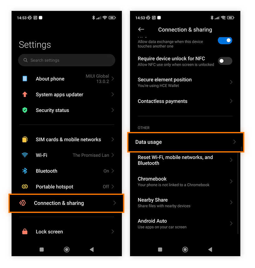 Selecting Data usage in Connection Settings on Android.