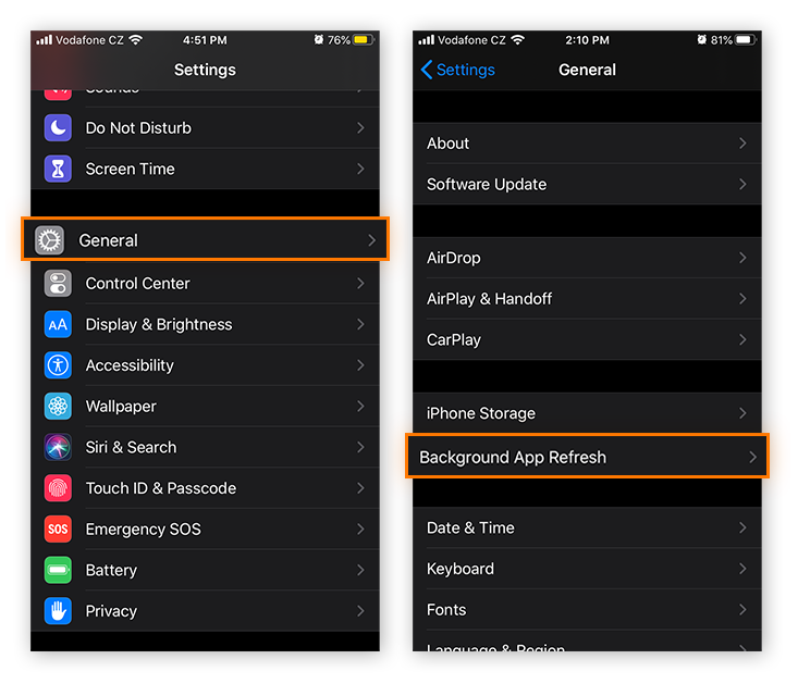 Abrindo as configurações de Atualização de aplicativo em segundo plano nas Configurações Gerais no iOS 13.4.1