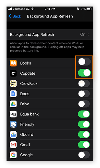 Commutateur individuel d’actualisation en arrière-plan dans iOS 13.4.1