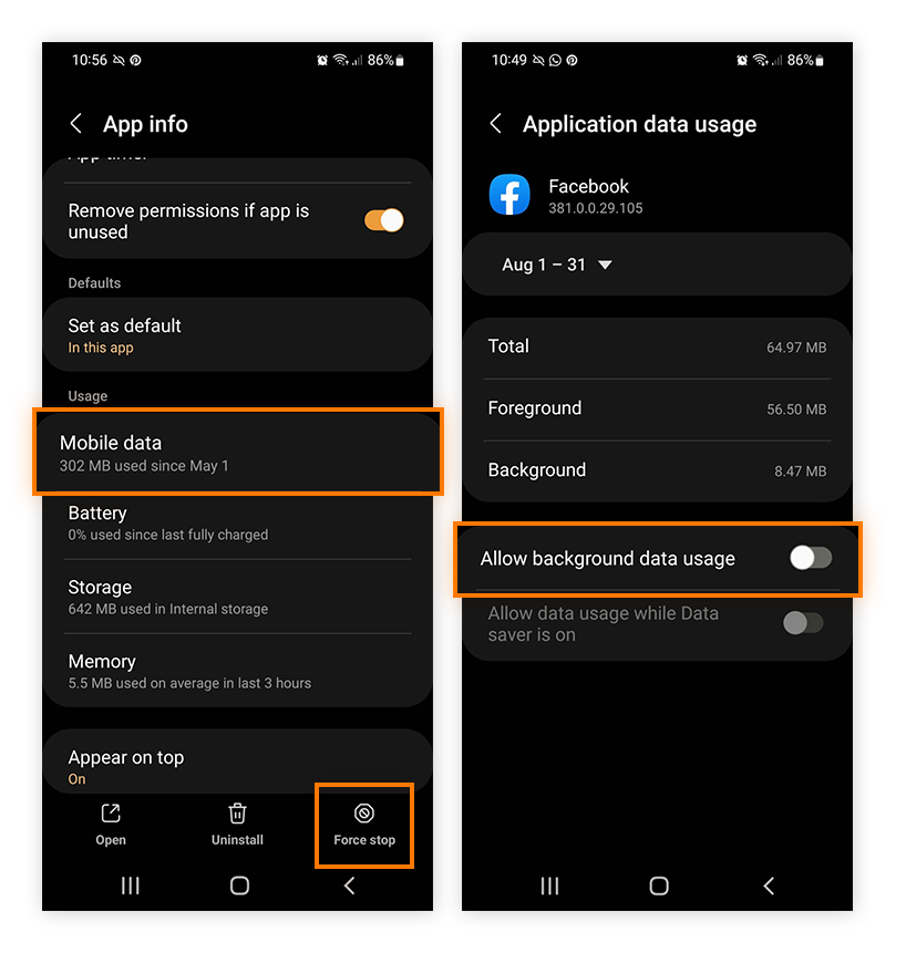 Erzwungener Stopp oder Verbieten der Hintergrunddatennutzung für eine App unter Android (Samsung Galaxy S21).