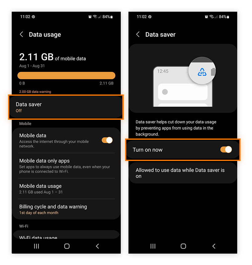 Einschalten von „Datensparen“, damit Hintergrunddaten für alle Android-Apps standardmäßig eingeschränkt werden.