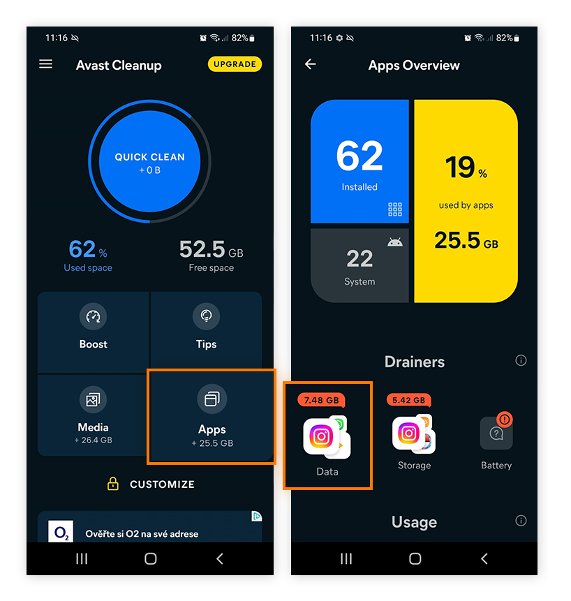 Übersicht über die Apps mit dem höchsten Datenverbrauch in Avast Cleanup für Android.