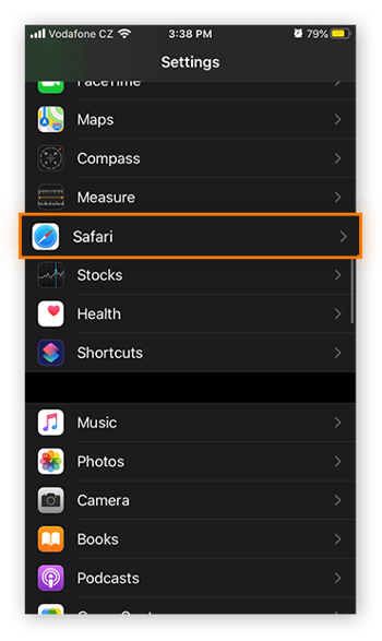 Ouverture des réglages de Safari dans le menu des Réglages d’iOS 13.4.1