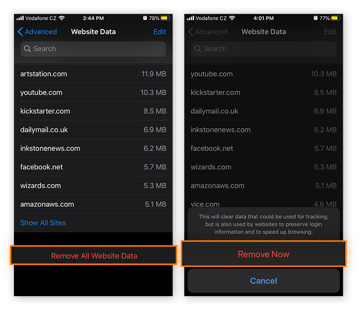 Entfernen aller Website-Daten in Safari unter iOS 13.4.1