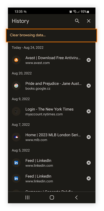 Viewing your internet history in Chrome on Android.
