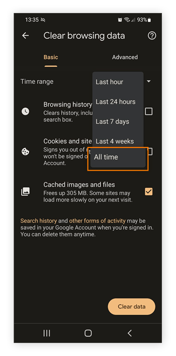 Apagar seu cache e outros dados de navegação no Chrome do Android.
