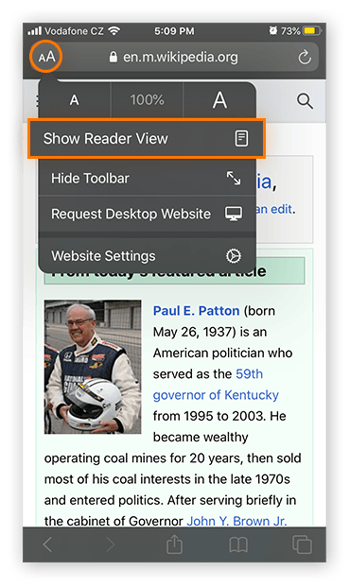 Switching to Reader Mode in Safari on iOS 13.4.1