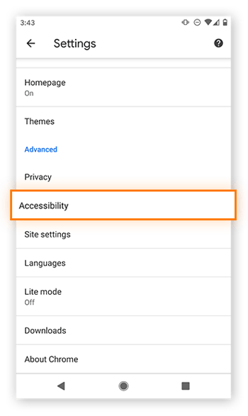 Abrindo as configurações de acessibilidade do Chrome no Android.