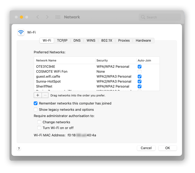 Wi-Fi settings on Mac, where you can define which trusted Wi-Fi networks to join automatically.