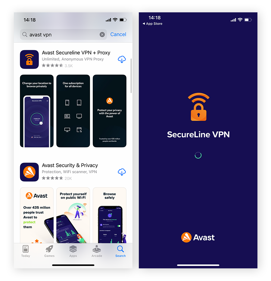 Installation von Avast SecureLine VPN für iOS aus dem App Store, um den iPhone-Standort zu ändern.