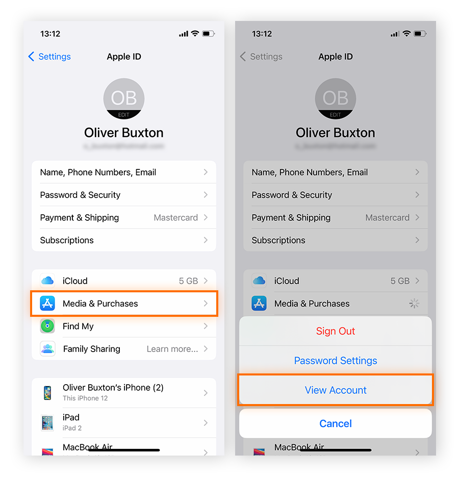 Navigation dans les réglages du compte de l’identifiant Apple dans iOS afin de changer la localisation de l’iPhone.