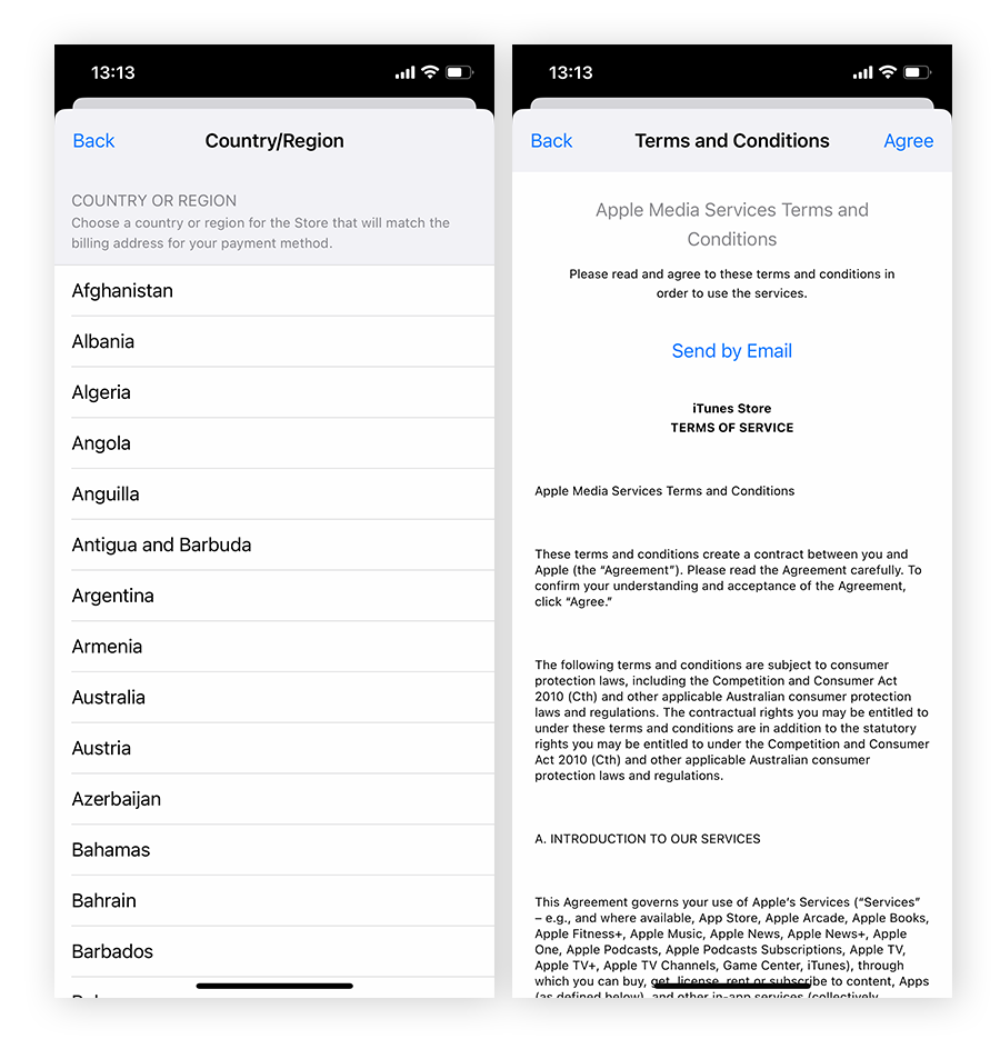 Selecting a preferred Apple ID country or region and accepting the terms and conditions.