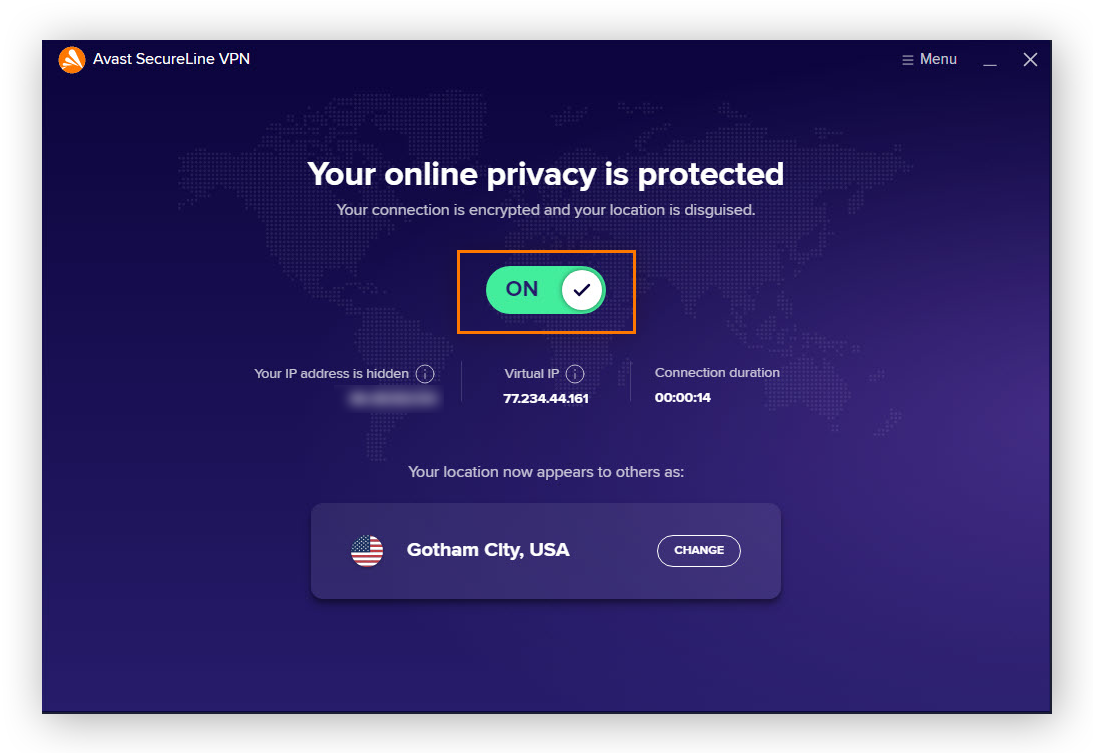 Einschalten von Avast SecureLine VPN, um die IP-Adresse automatisch zu ändern und sich mit dem schnellsten Server zu verbinden.