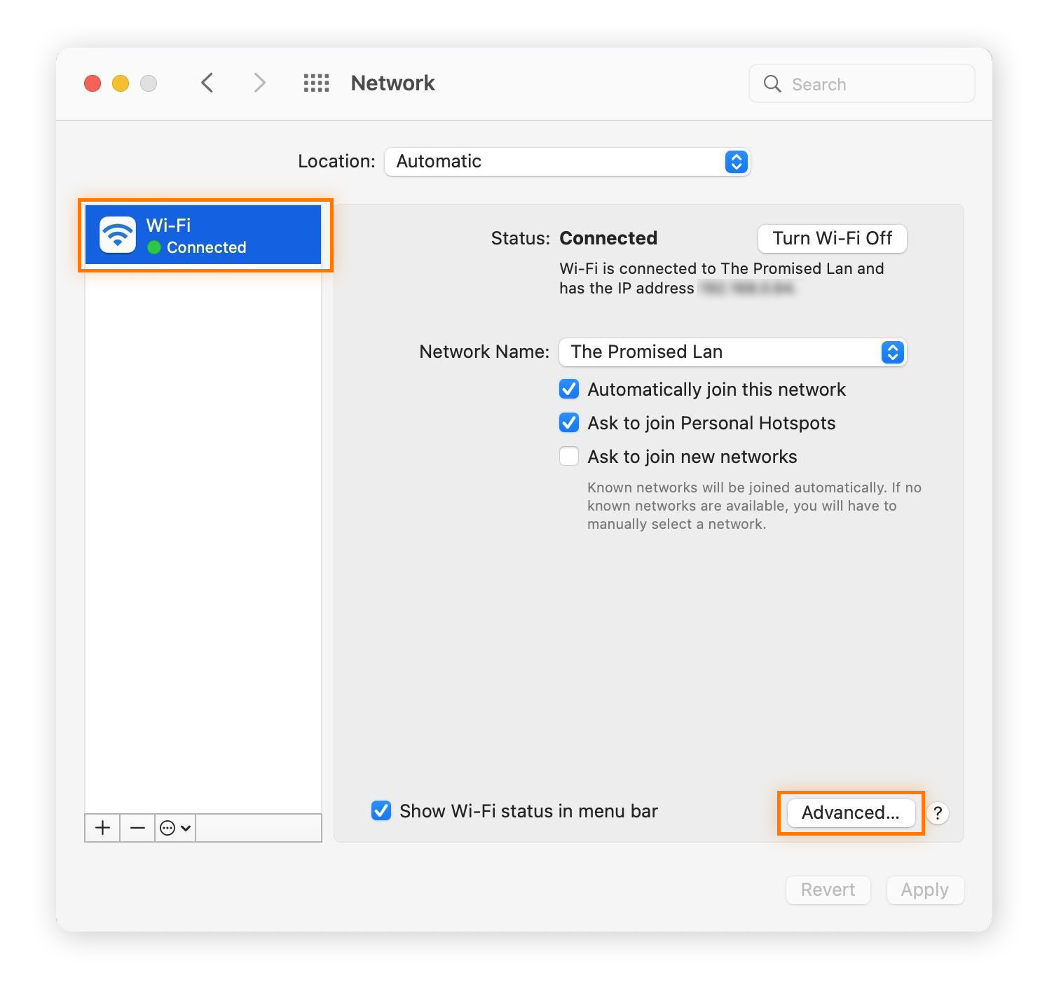 Advanced Network settings on macOS.
