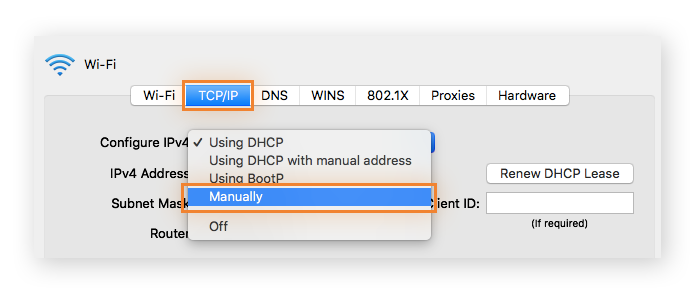 Registerkarte „TCP/IP“ in den weiteren Optionen für Netzwerkeinstellungen unter MacOS.