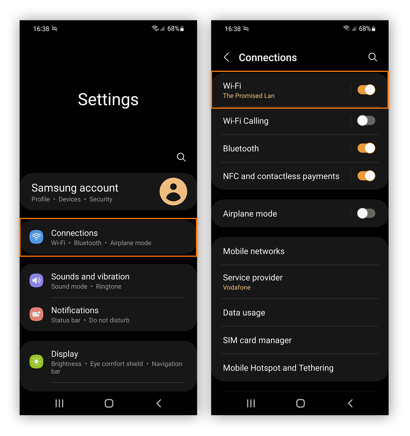 Auswahl von „Einstellungen > Verbindungen > WLAN“ auf einem Android-Gerät.