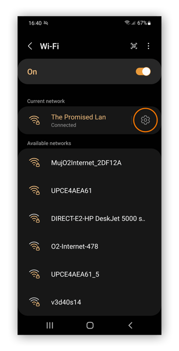 Open Wi-Fi settings for your current network on an Android device.