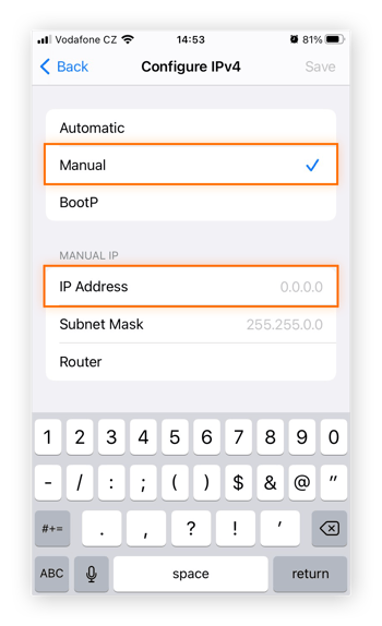 Text: Manually entering an IP address in the Configure IPv4 window of iOS