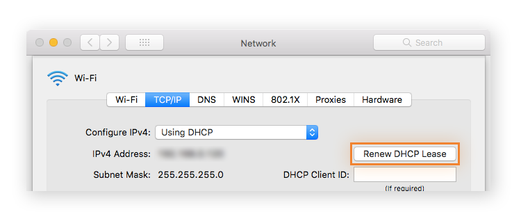 TCP/IP tab in Network Settings for macOS. Highlighting: Renew DHCP Lease.