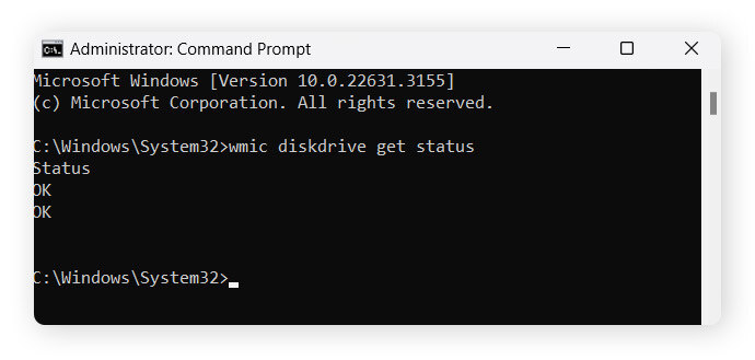 The results of a SMART disk drive check. A simple "OK" is returned.