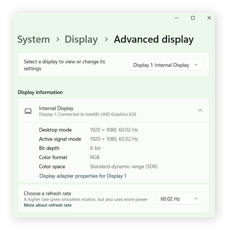 The Advanced display settings window detailing installed graphics card, refresh rate, and desktop resolution.