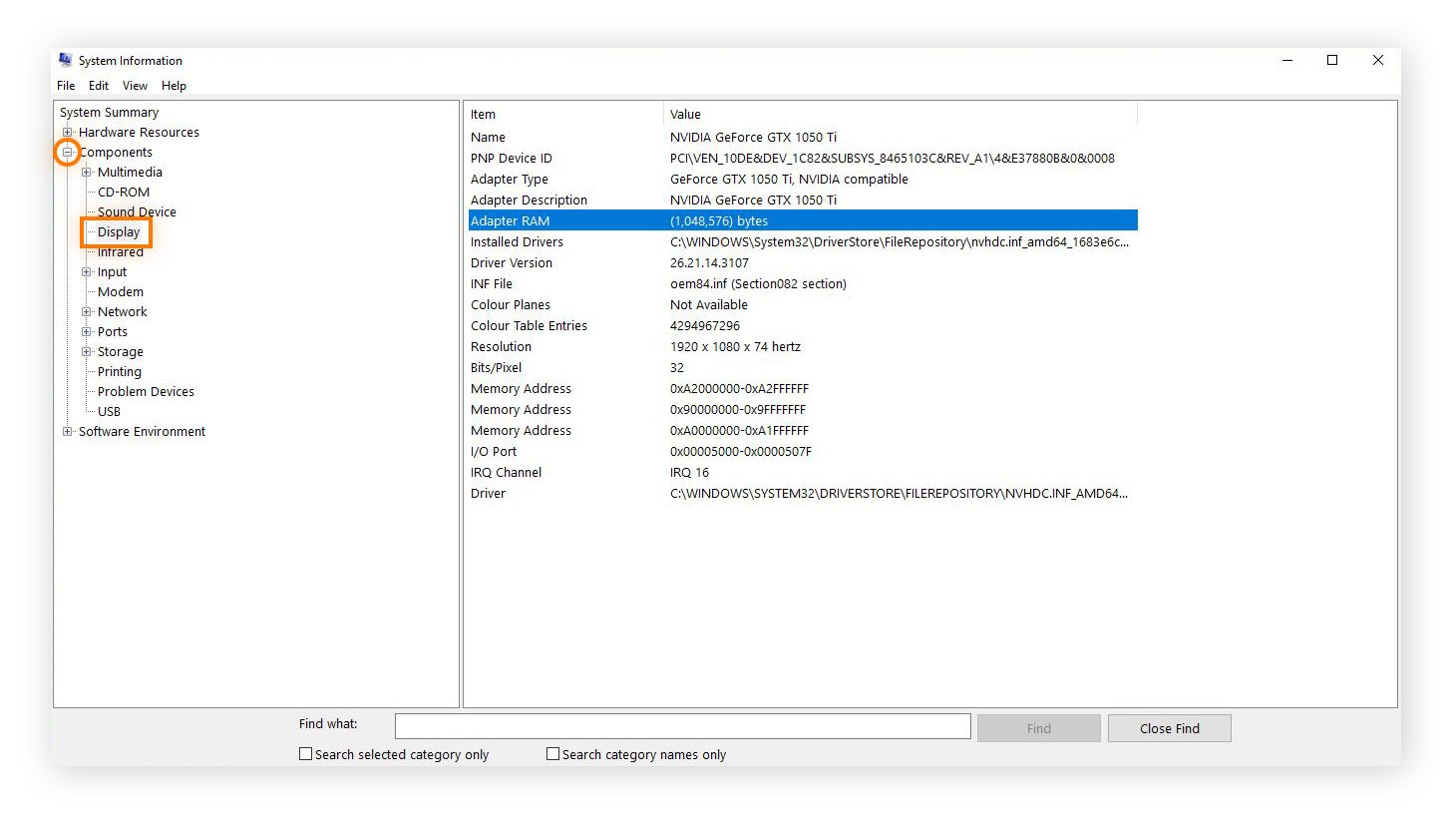 Full details of my graphics card listed within the Display summary of Windows System Information.