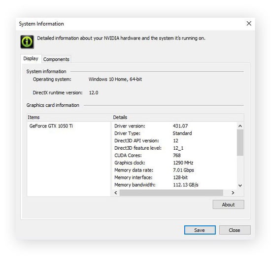 NVIDIA drivers auto-detected by the NVIDIA Control Panel, alongside details of the NVIDIA display driver.