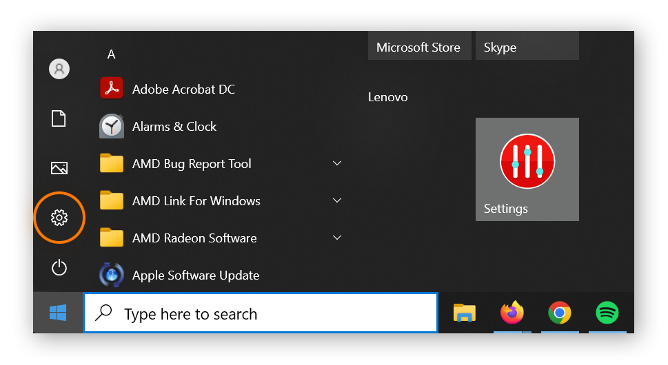 A view of the Windows Start menu, with Settings circled.