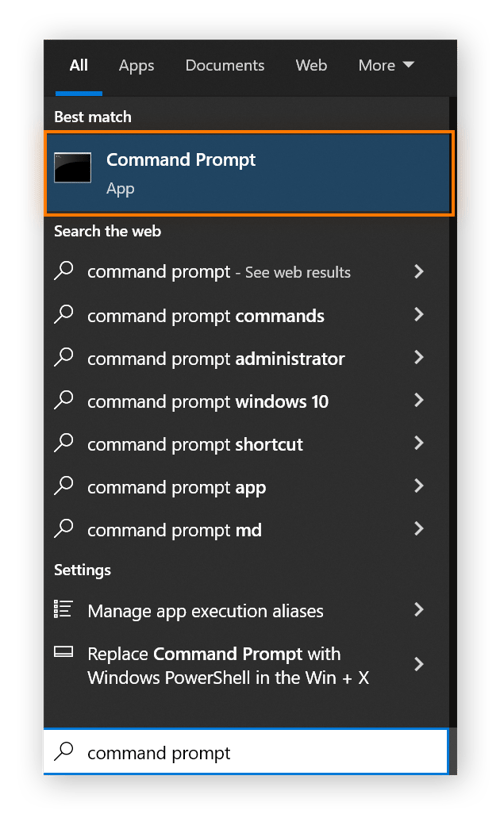 “Prompt de comando” é digitado na barra de tarefas e o ícone correspondente é circulado.